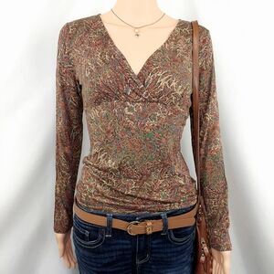 Chaps Surplice Faux Wrap L/S Paisley Print Hippie Boho 70s Festival Western